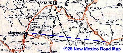 1928 New Mexico Map Showing Santa Fe on RT. 66